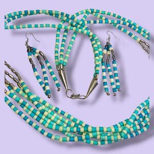 Vintage Southwestern Style Wood Bead 3-strand Necklace & Dangle Earrings Set 30"